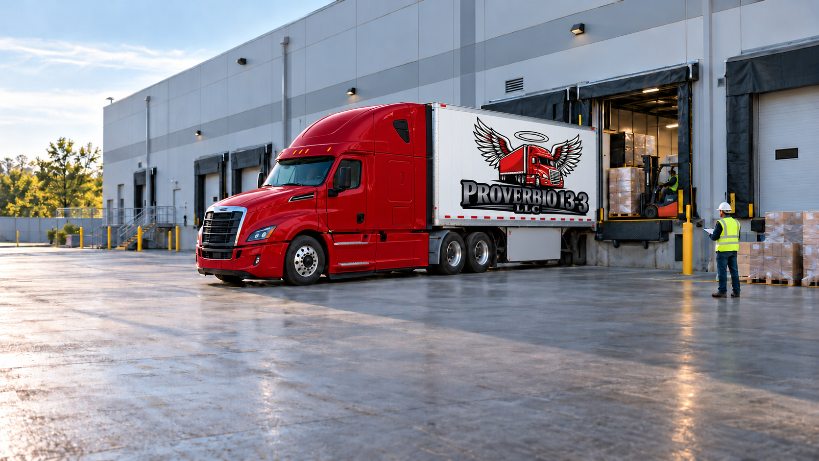 Red Proverbio 13-3 cab with white trailer carrying the official logo at a loading facility