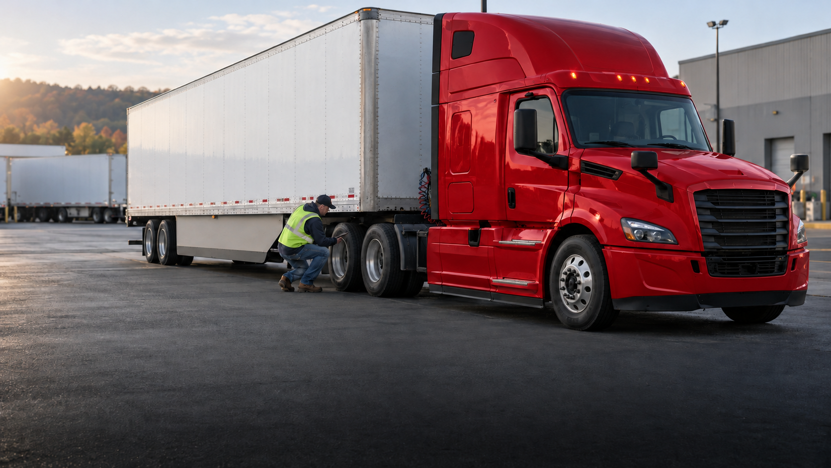 Driver conducting a pre-trip inspection beside a white dry van trailer