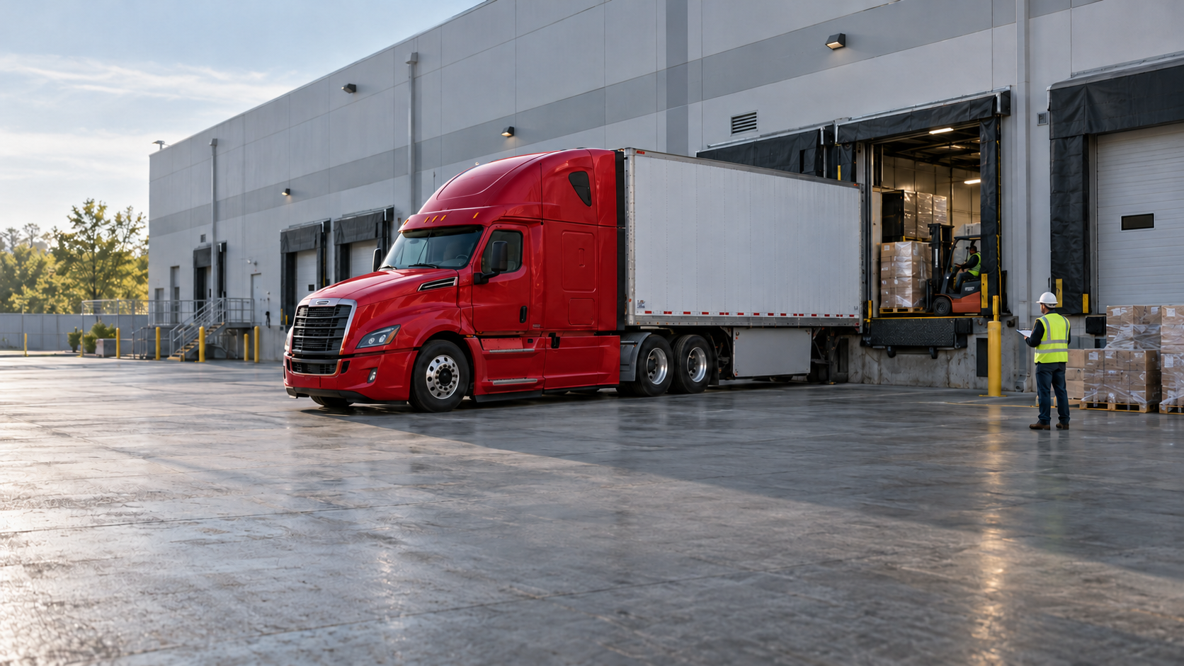 White dry van trailer being loaded with palletized commercial freight at a warehouse dock
